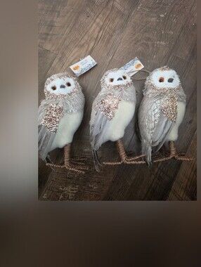 Cracker Barrel Taupe and Rose Gold Sequin Owl Ornaments (Set of 3)